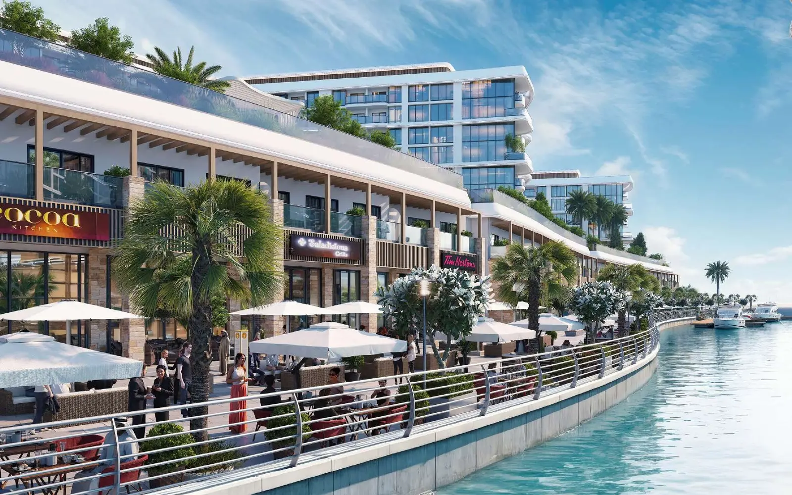 Outdoor retail cafes and dining options along marina promenade at Pierside Marina Residences Sobha Siniya Island UAQ