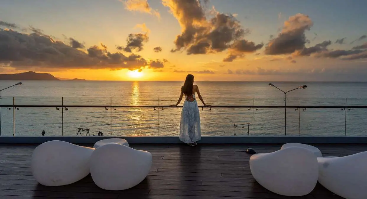 Sunset viewing deck with modern seating at Pierside Marina Residences Sobha Siniya Island UAQ