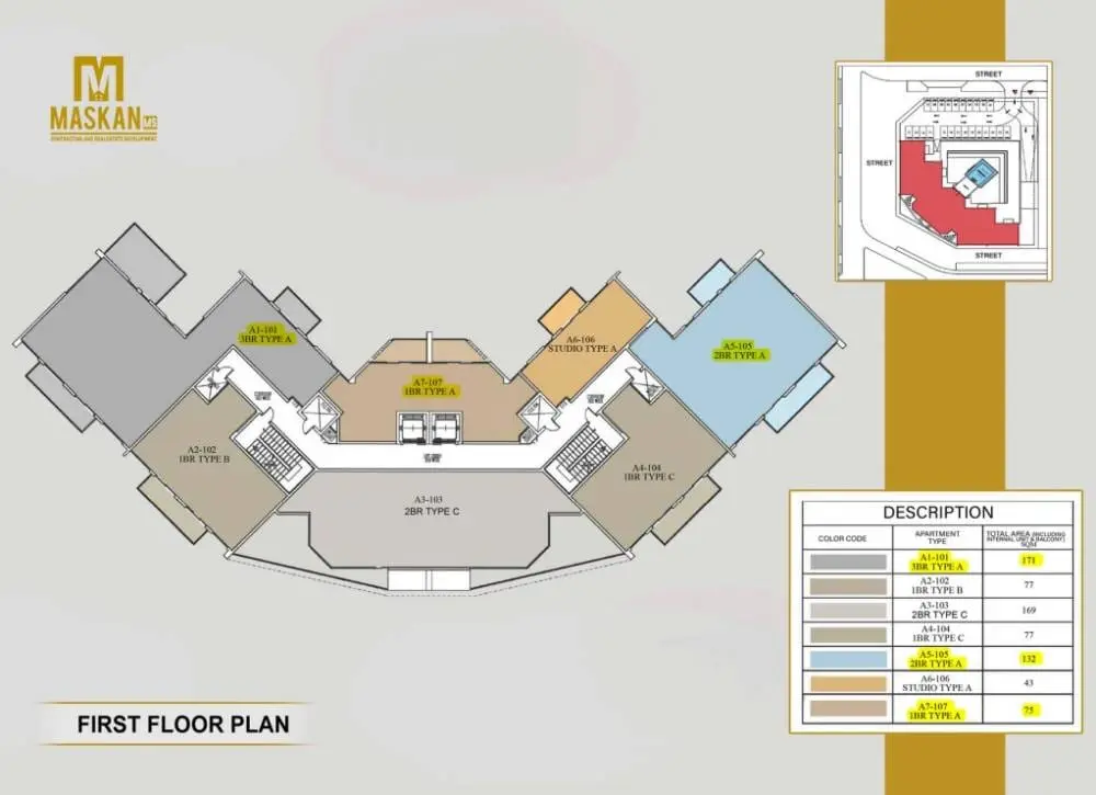 Maskan first floor plate showing residential apartment layouts, unit configurations, and     architectural floor plan details in Abu Dhabi, UAE.