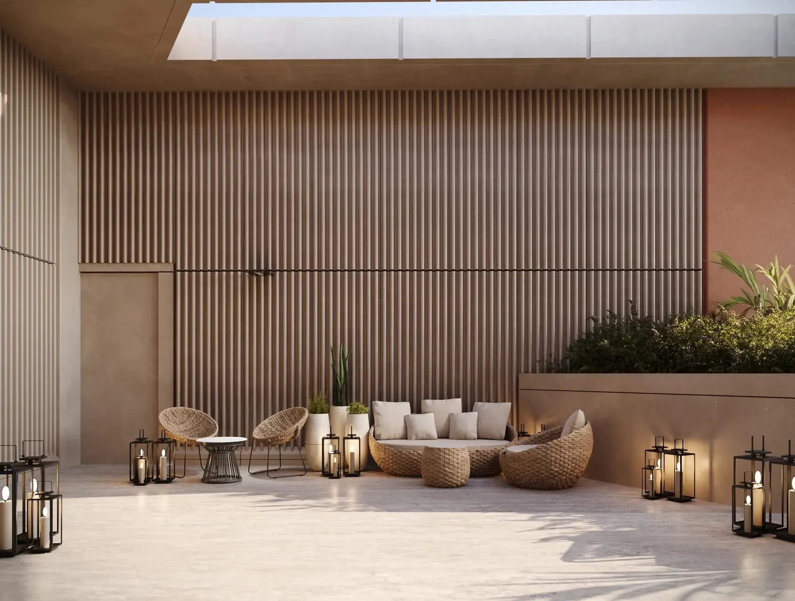 Baheen Tower Al Reem Island Abu Dhabi outdoor lounge image featuring contemporary seating, decorative plants, architectural details, and relaxing communal spaces.