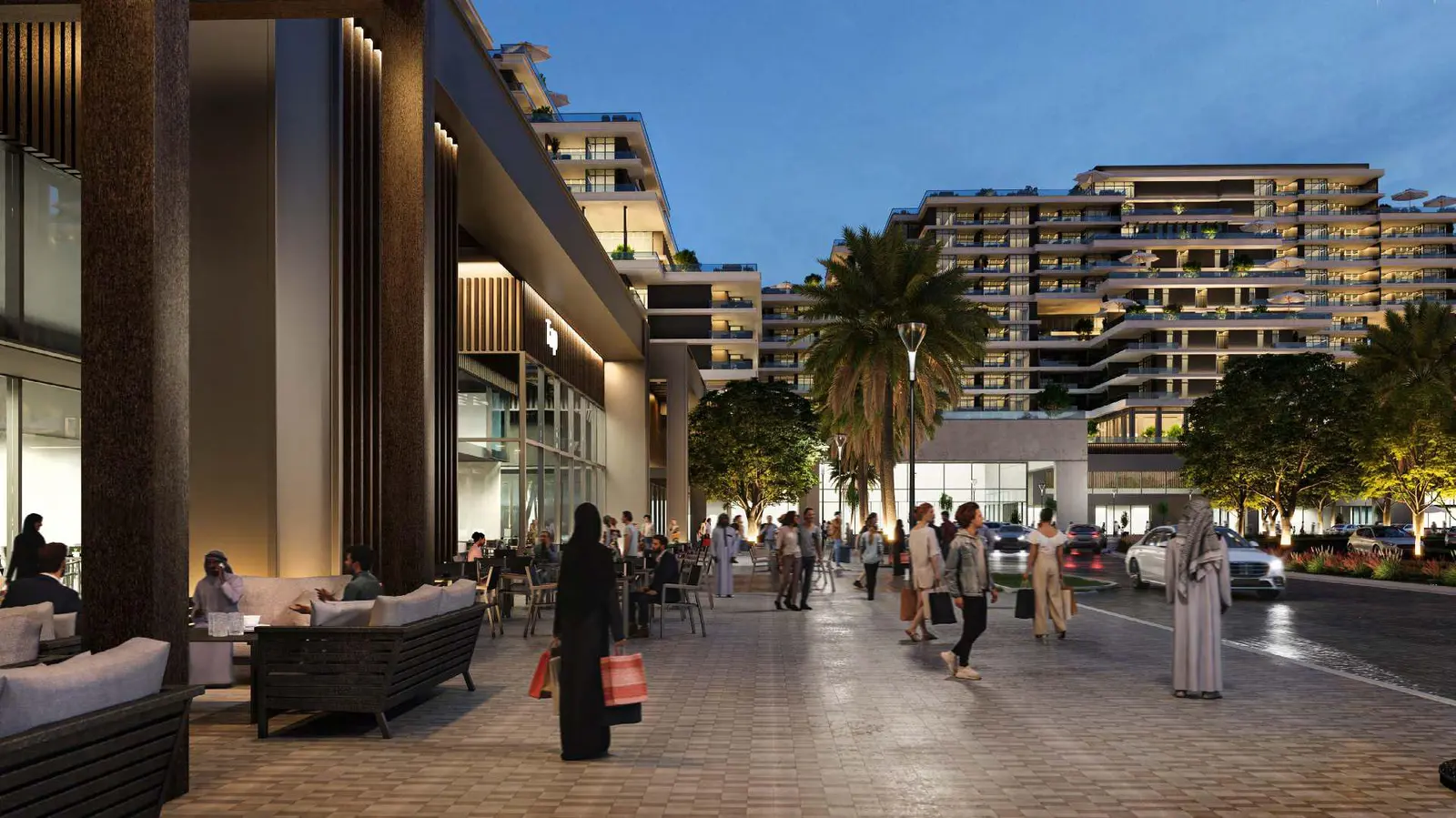 Impression of luxury apartment building exterior at Majlis Reem Hills featuring floor to ceiling glass windows in Abu Dhabi.