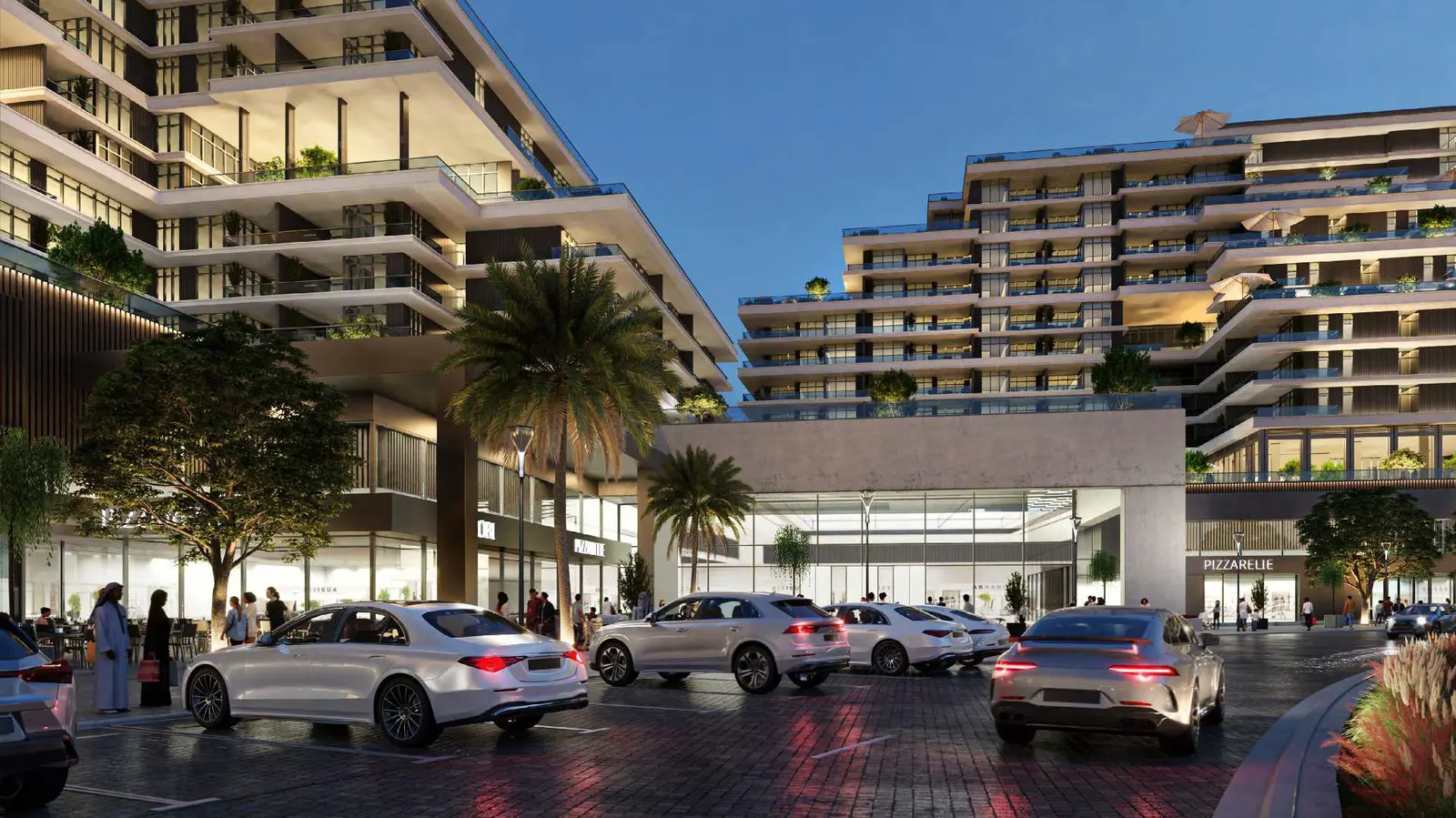 Dusk exterior lighting illuminating the modern facade of Majlis at Reem Hills luxury residential community on Al Reem Island.