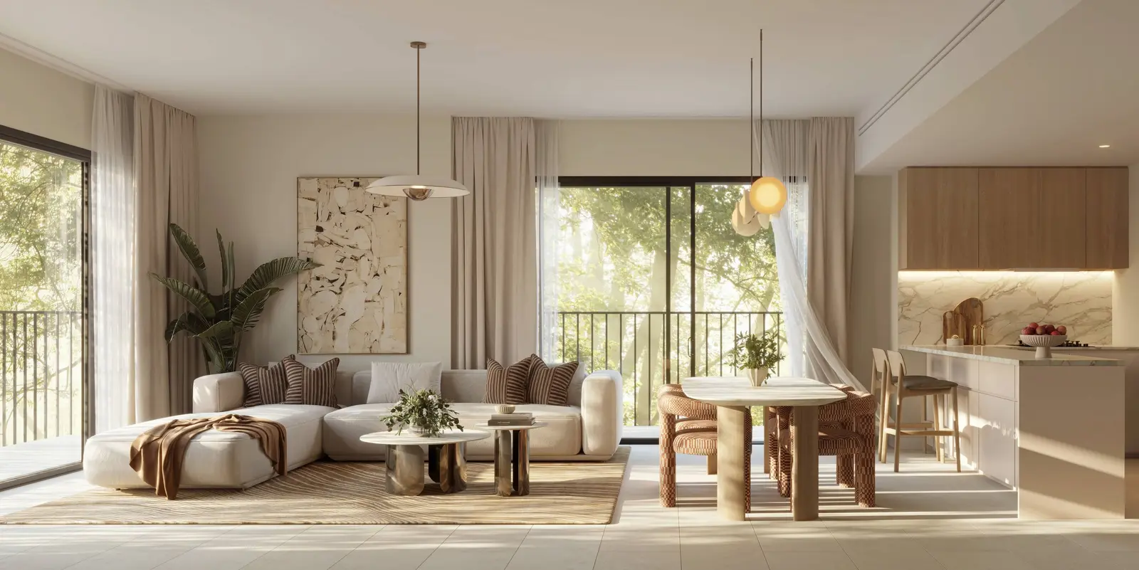 Bright modern living room at Yas Park Place Yas Island Abu Dhabi UAE featuring luxury finishes and spacious interiors.