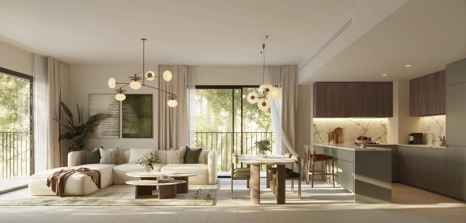 Light-finish interior palette at Yas Park Place Yas Island Abu Dhabi UAE offering bright, airy, nature-inspired living spaces.