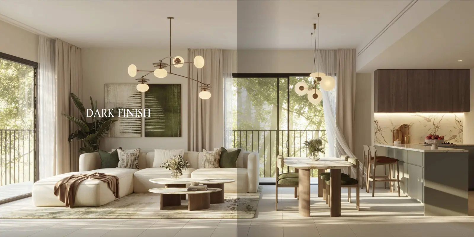 Dark-finish interior palette at Yas Park Place Yas Island Abu Dhabi UAE featuring warm tones and sophisticated textures.