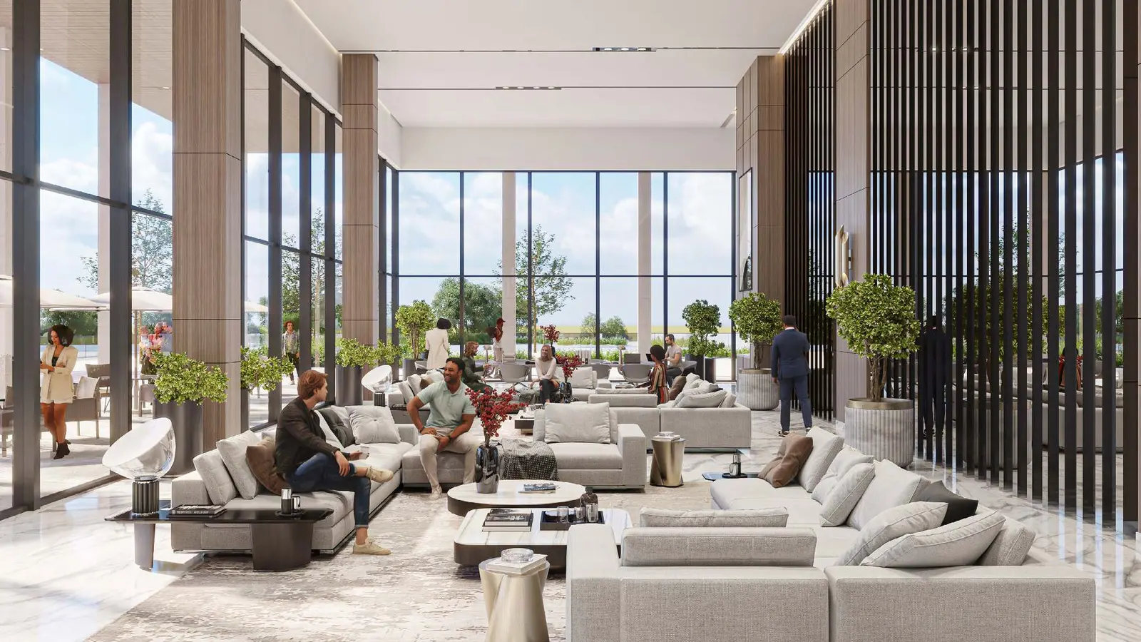 Spacious luxury living room interior at Majlis Reem Hills Abu Dhabi with modern furnishings and floor to ceiling windows.