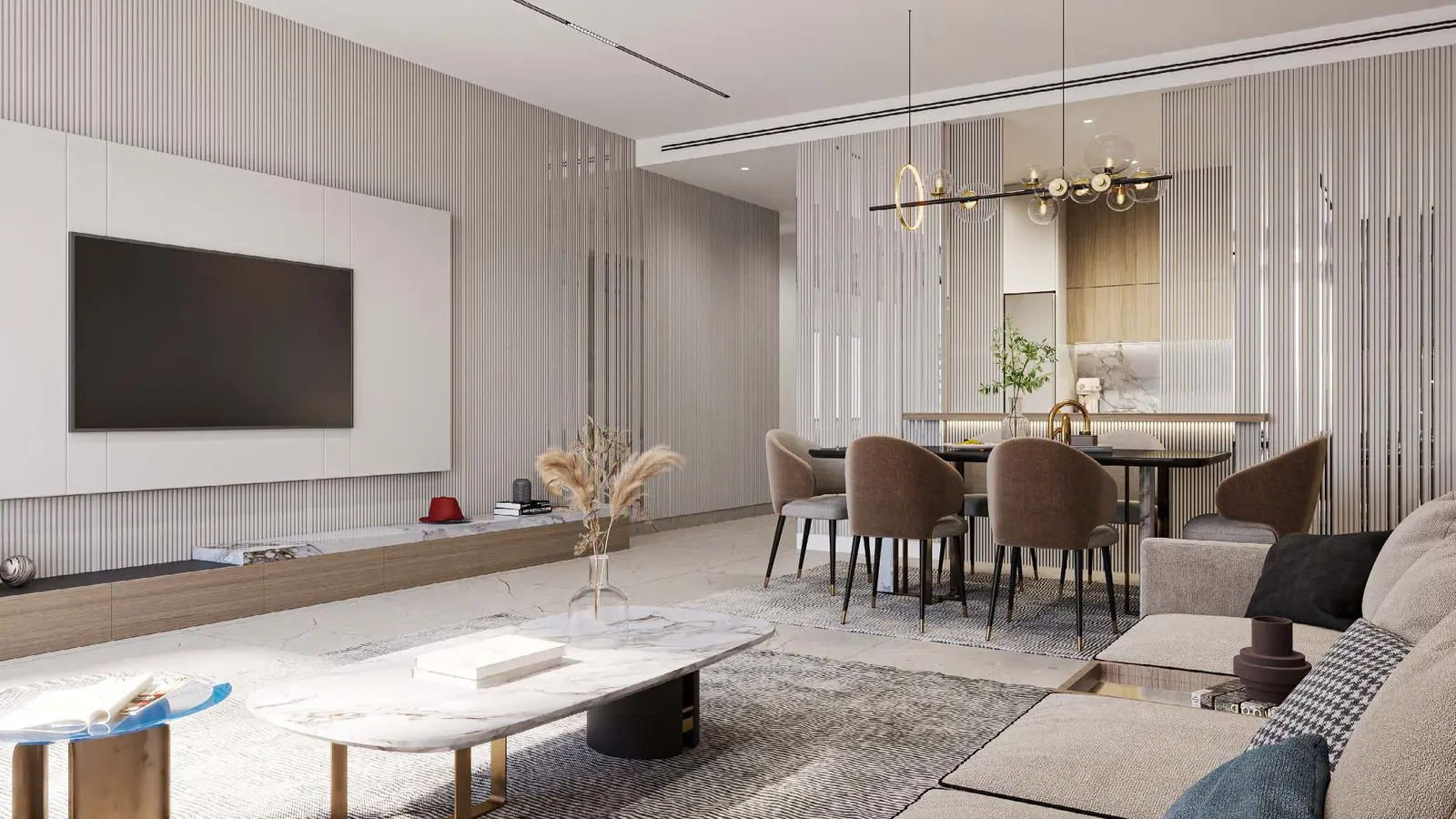 Sunlit apartment interior layout at Majlis Reem Hills showcasing open living spaces and high end luxury finishes in Abu Dhabi.