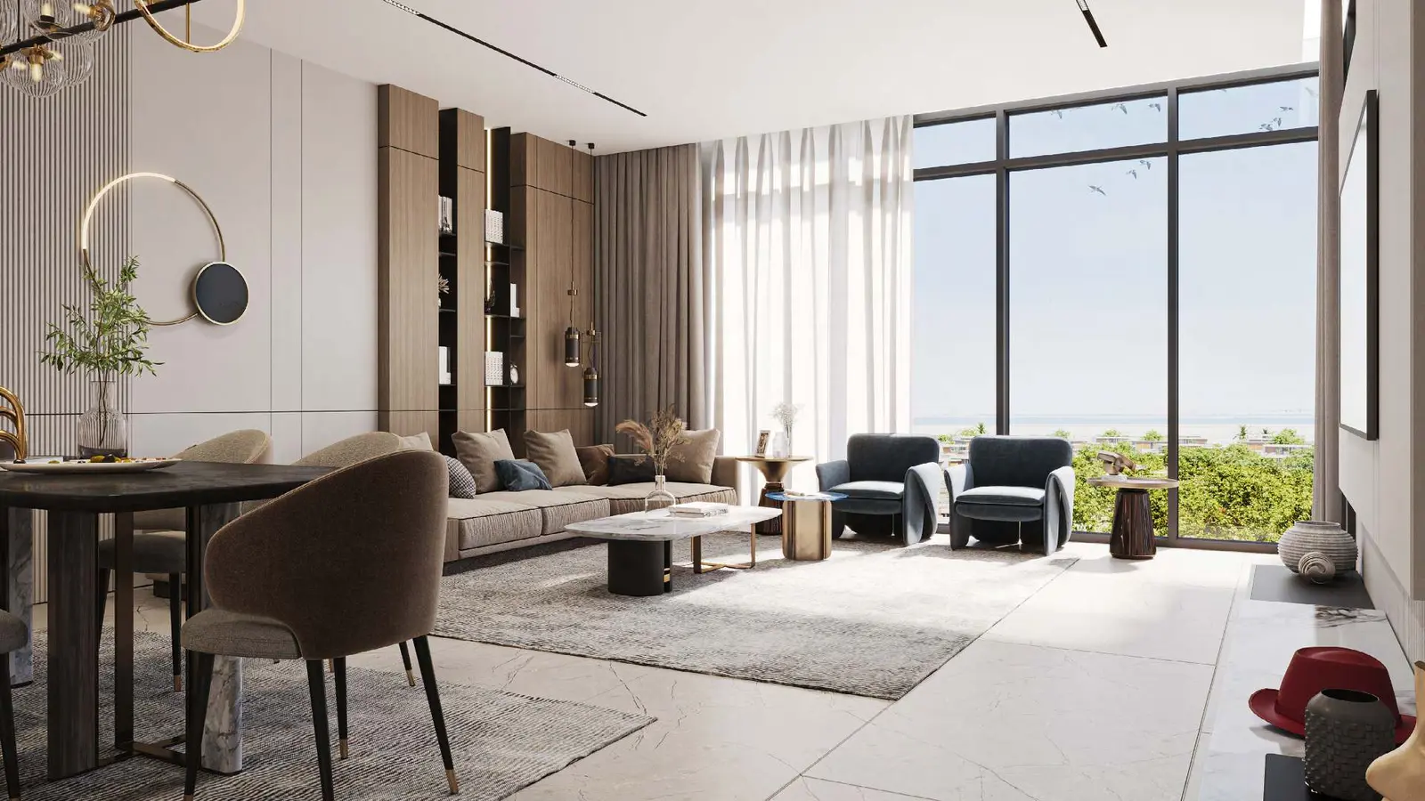 Sleek modern kitchen interior at Majlis Reem Hills Abu Dhabi featuring premium integrated appliances and custom kitchen cabinetry.