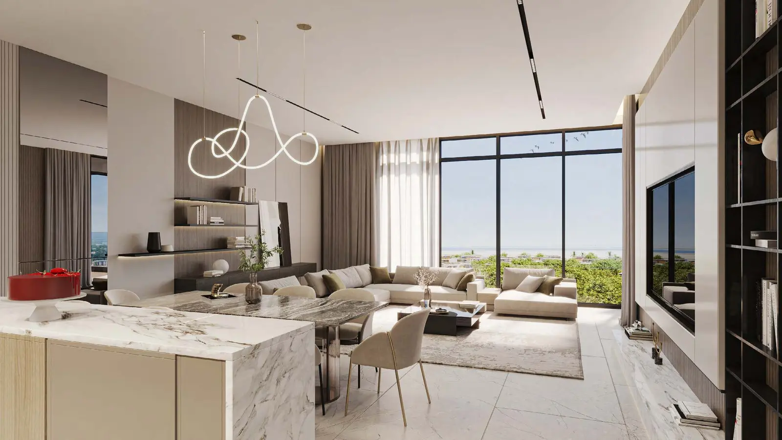 Designer interior layout of 2-bedroom luxury apartment at Majlis on Al Reem Island with elegant hardwood style flooring.