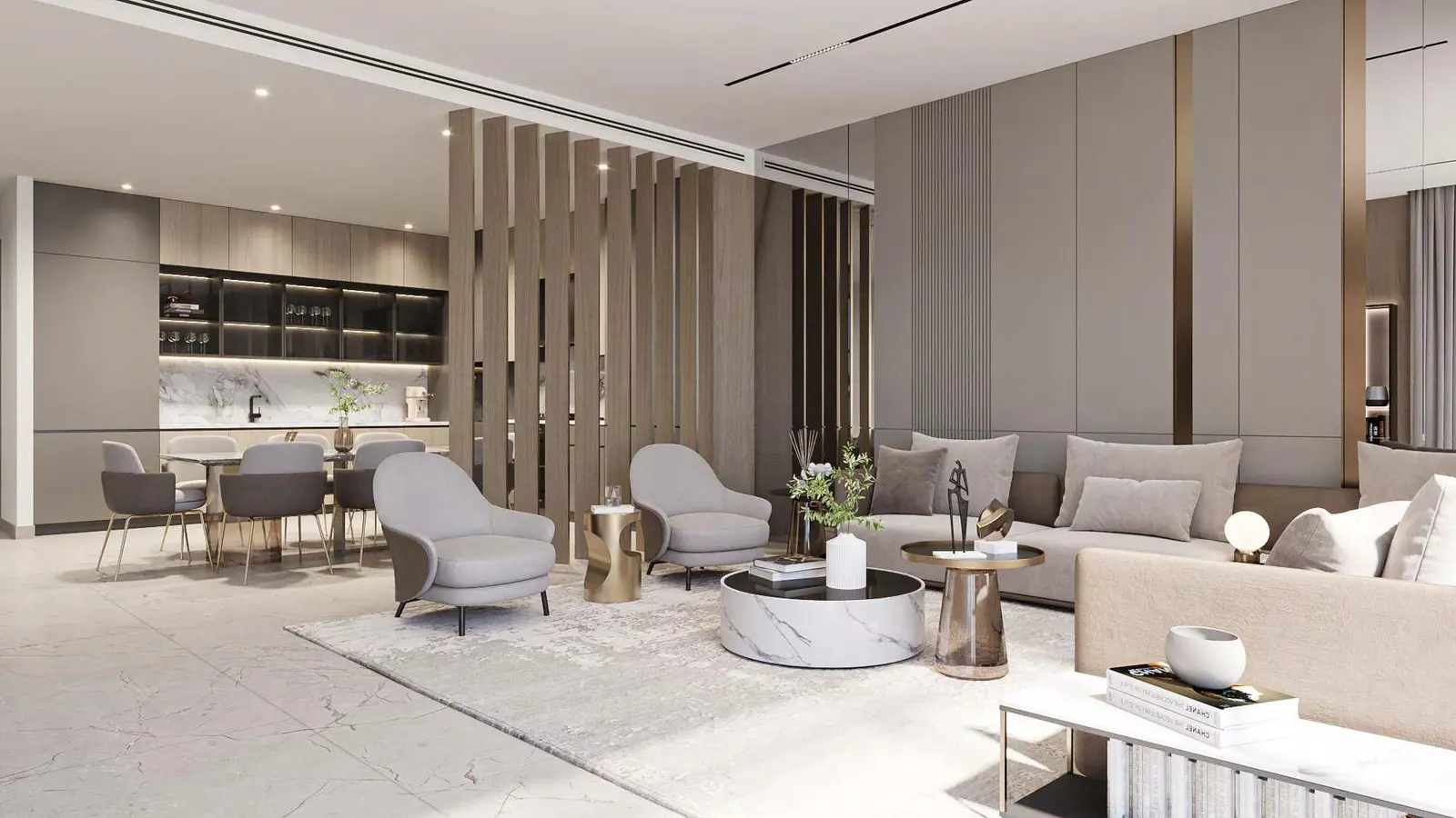Expansive 3-bedroom duplex townhouse living interior at Majlis Reem Hills Abu Dhabi with double height ceilings and natural lighting.