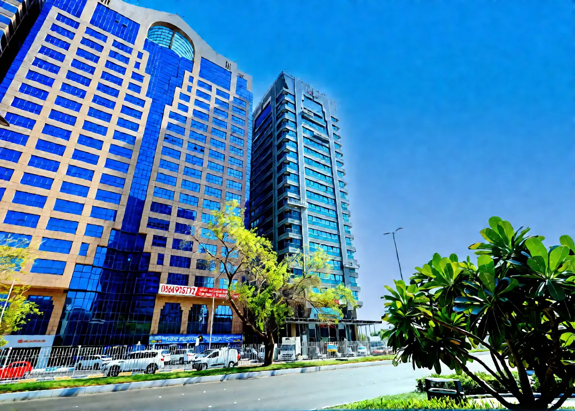 Al Heel Tower main building elevation surrounded by landscaped outdoor spaces in Al Khalidiyah, Abu Dhabi.