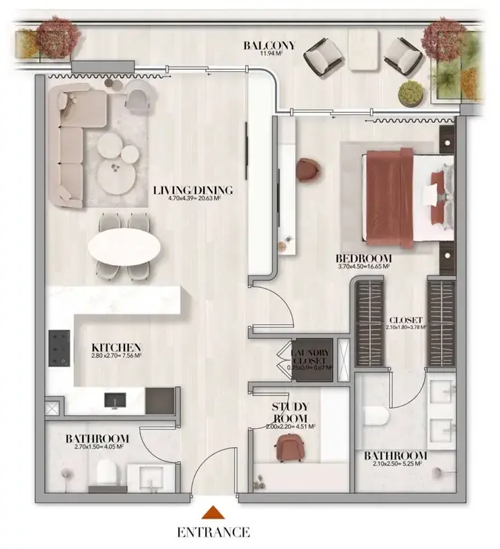 1 Bedroom apartments - Gate Eleven by Amwaj Development floor plan