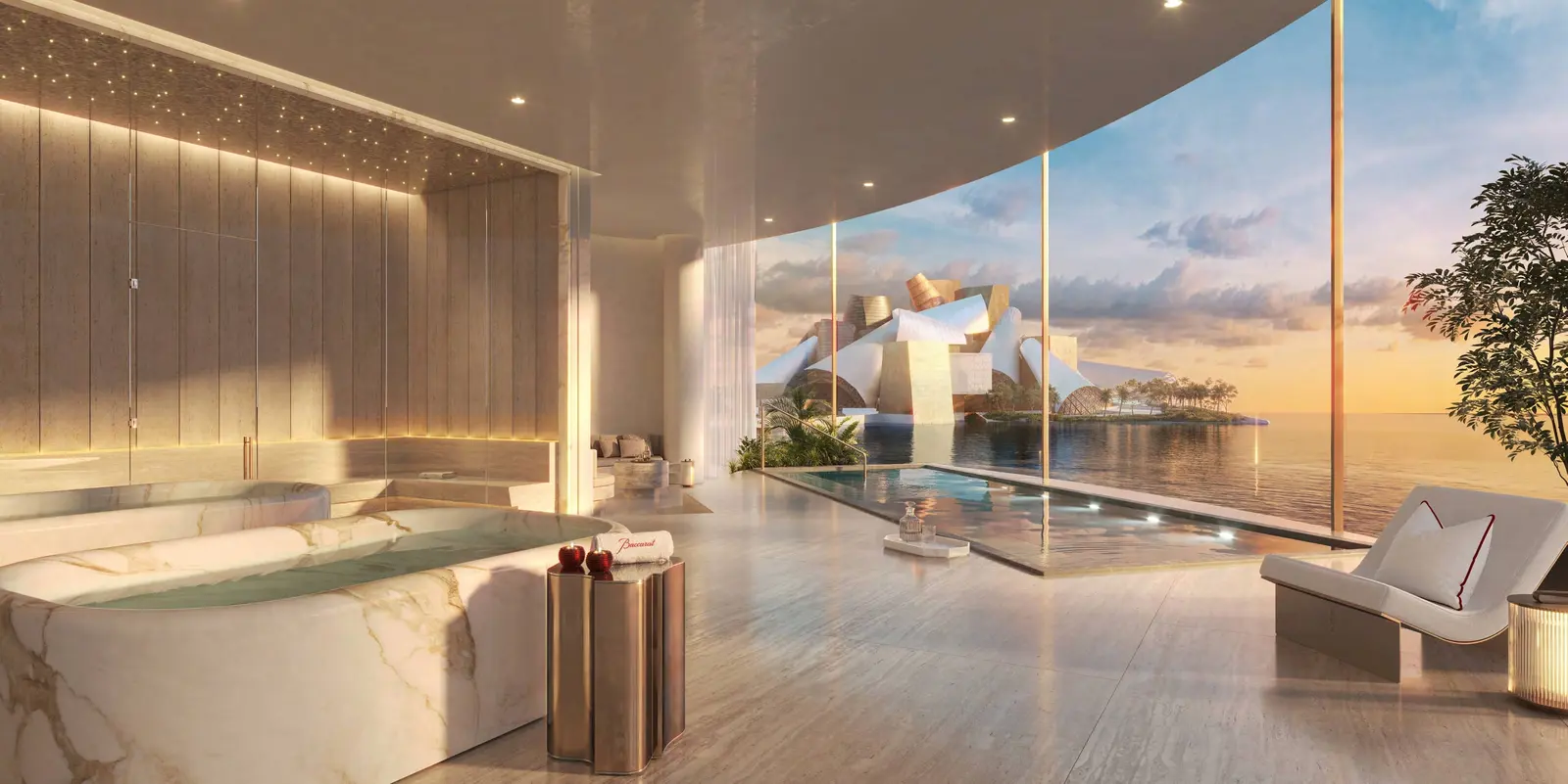 Infinity pool at Baccarat Residences Saadiyat Island Abu Dhabi overlooking the Arabian Gulf with private cabanas and exclusive luxury leisure experiences..jpg