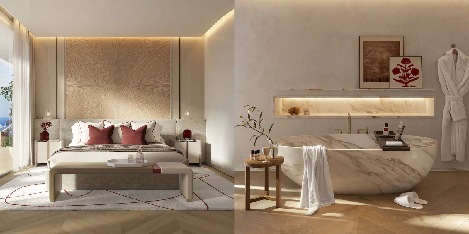 Luxury master bedroom inside Baccarat Residences Saadiyat Island Abu Dhabi with refined finishes, serene ambiance, and uninterrupted waterfront skyline views..jpg