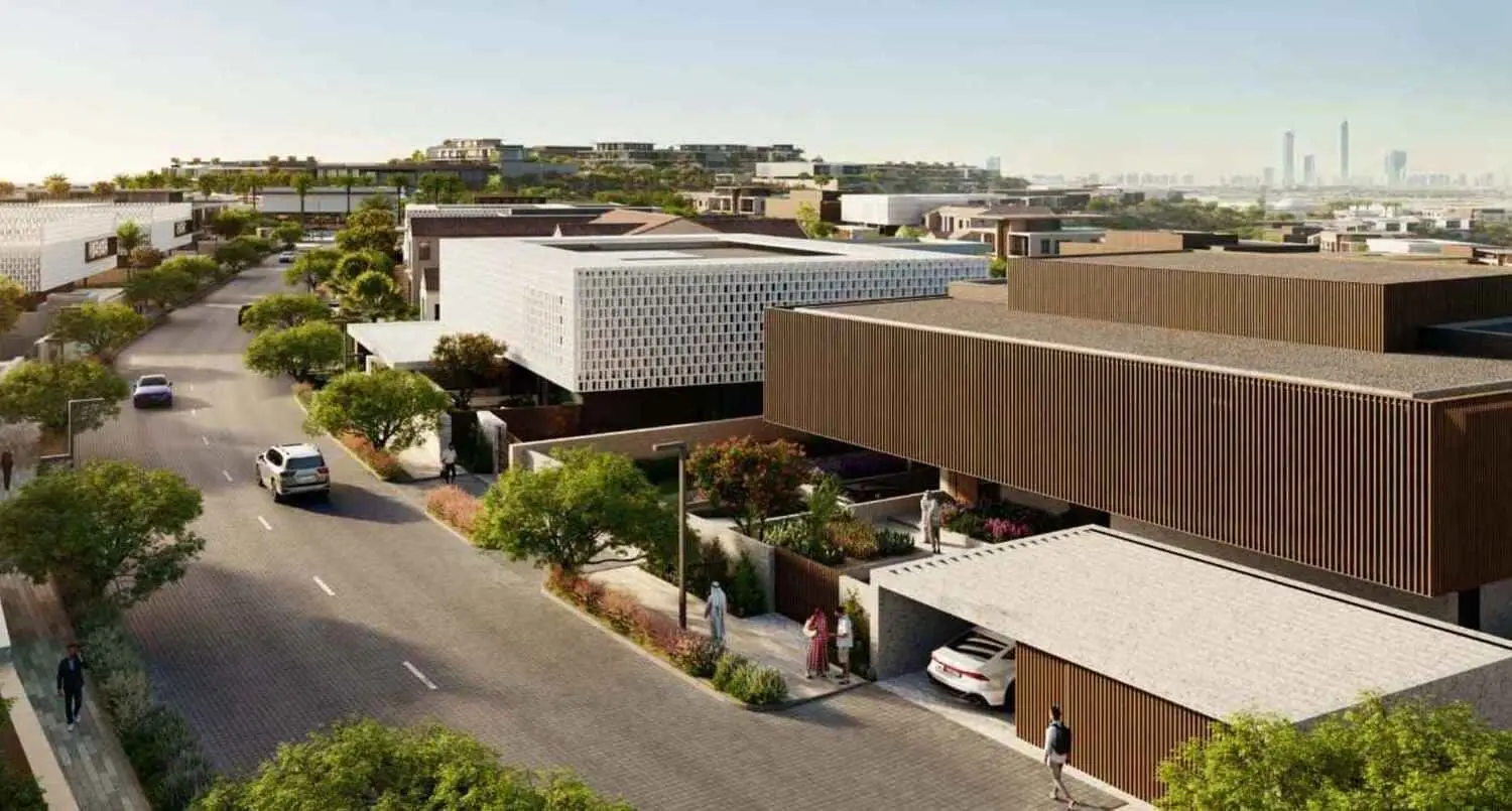 Nawayef Mansions Abu Dhabi exterior view featuring pedestrian paths, cycle routes and serene island enclave setting