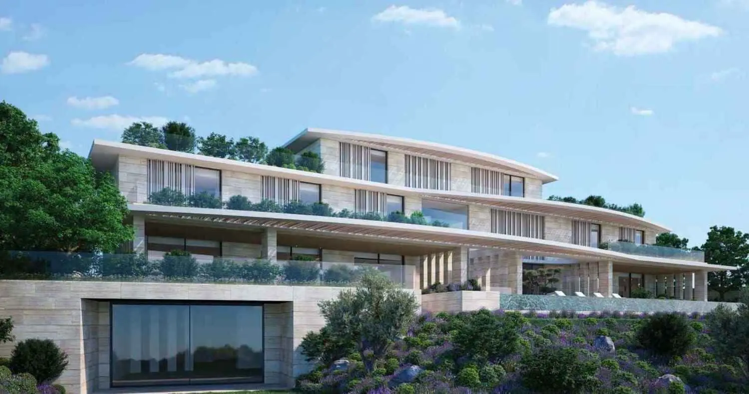 Nawayef Mansions Abu Dhabi exterior architecture featuring private gardens, pool and waterfront Hudayriyat Island setting