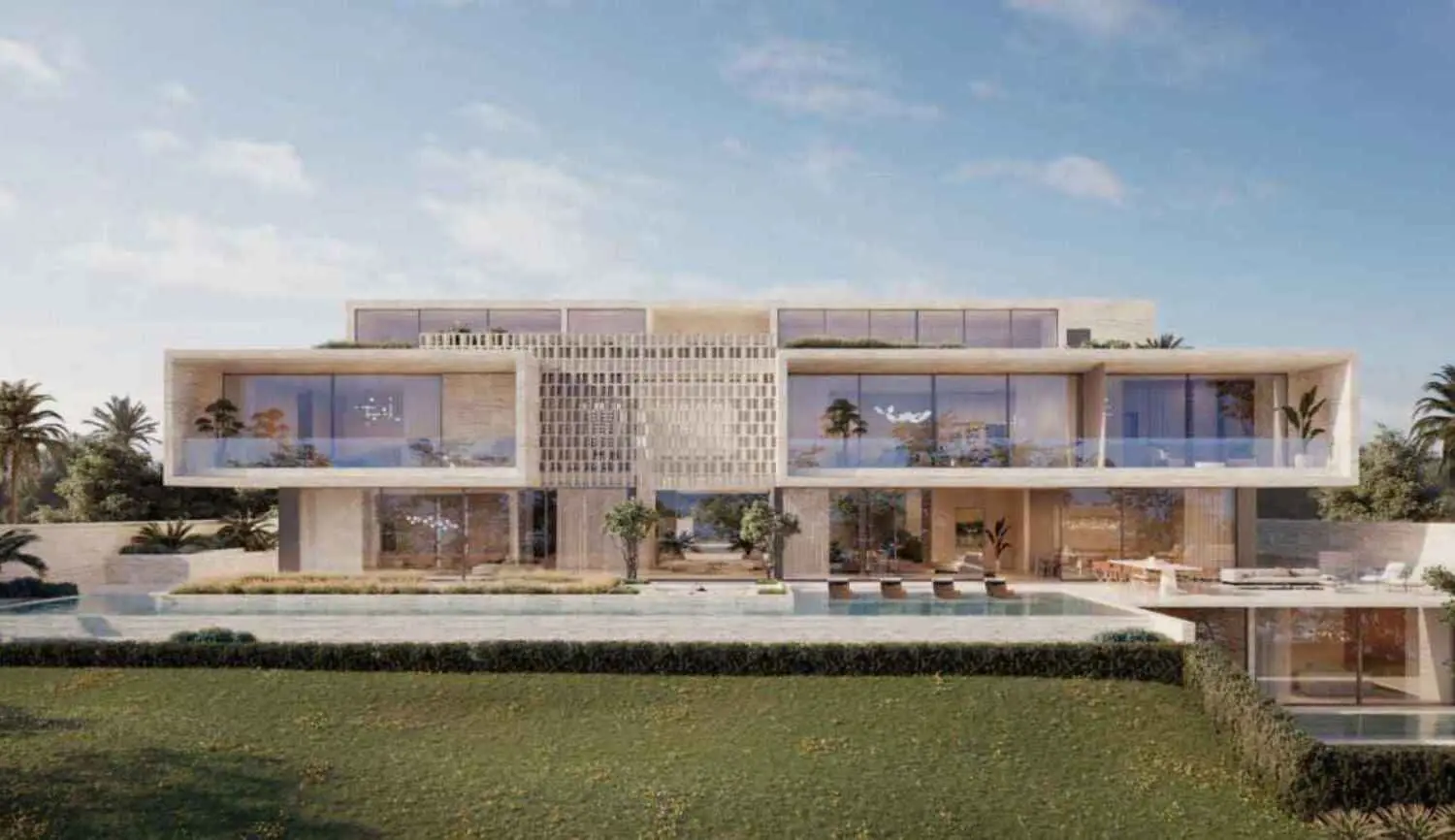 Nawayef Mansions Hudayriyat Island exterior facade showcasing Mediterranean-inspired mansion architecture with Arabian Gulf skyline views