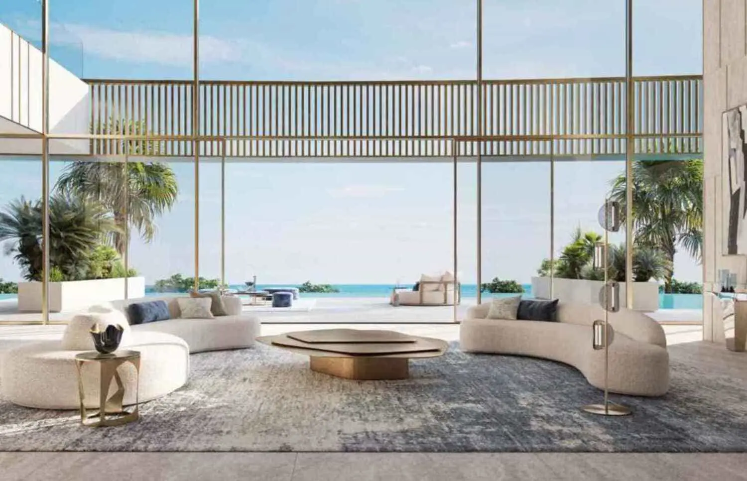 Interior view of Nawayef Mansions master suite Abu Dhabi with floor-to-ceiling windows and skyline vistas