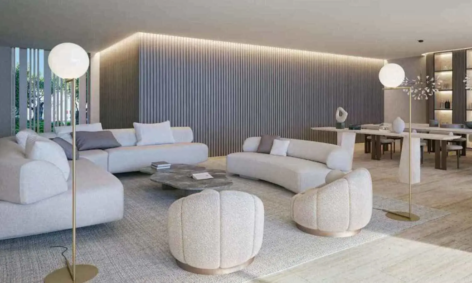 Nawayef Mansions luxury interior Abu Dhabi displaying elegant fixtures, high-end materials and mid-century modern styling