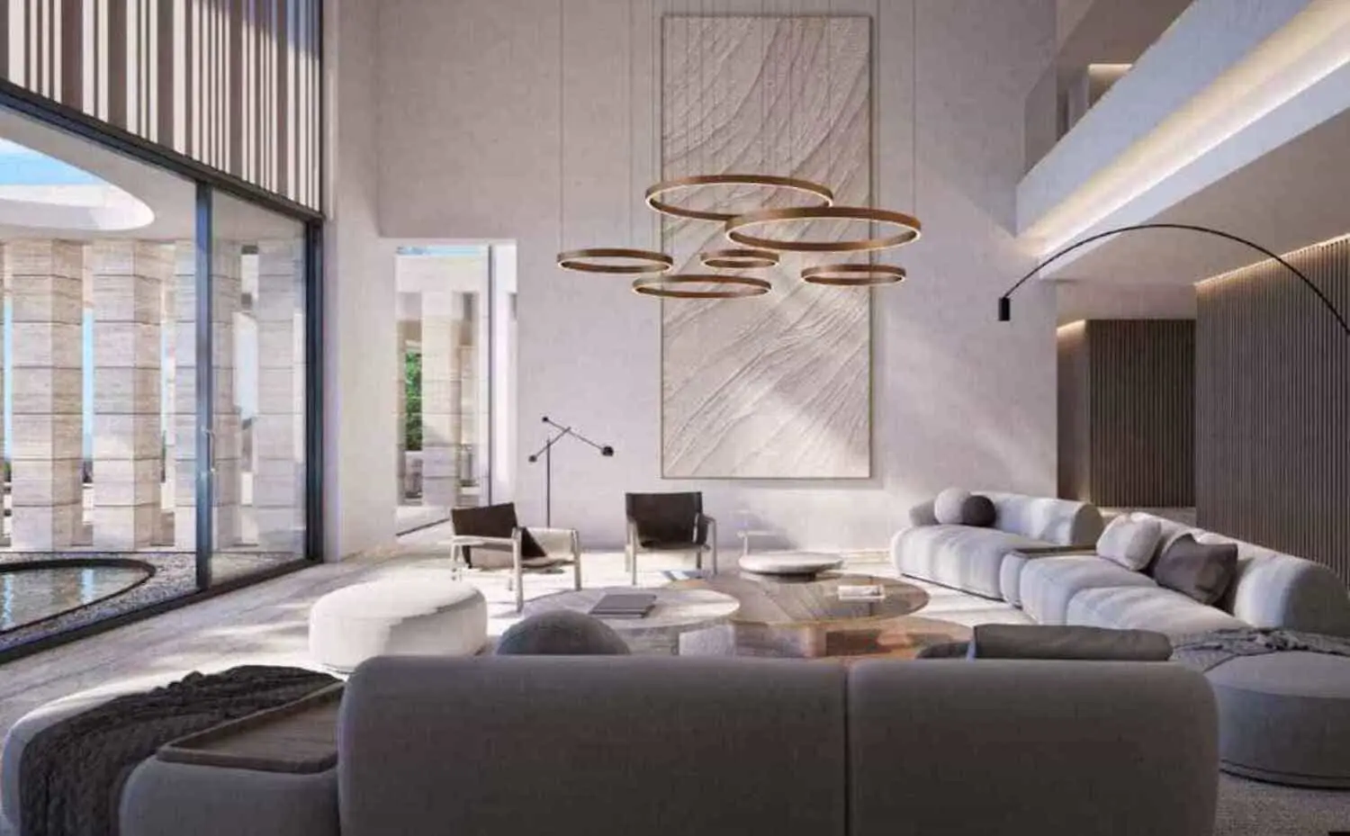 Spacious interior of Nawayef Mansions villa Abu Dhabi with indoor-outdoor living and Arabian Gulf waterfront views