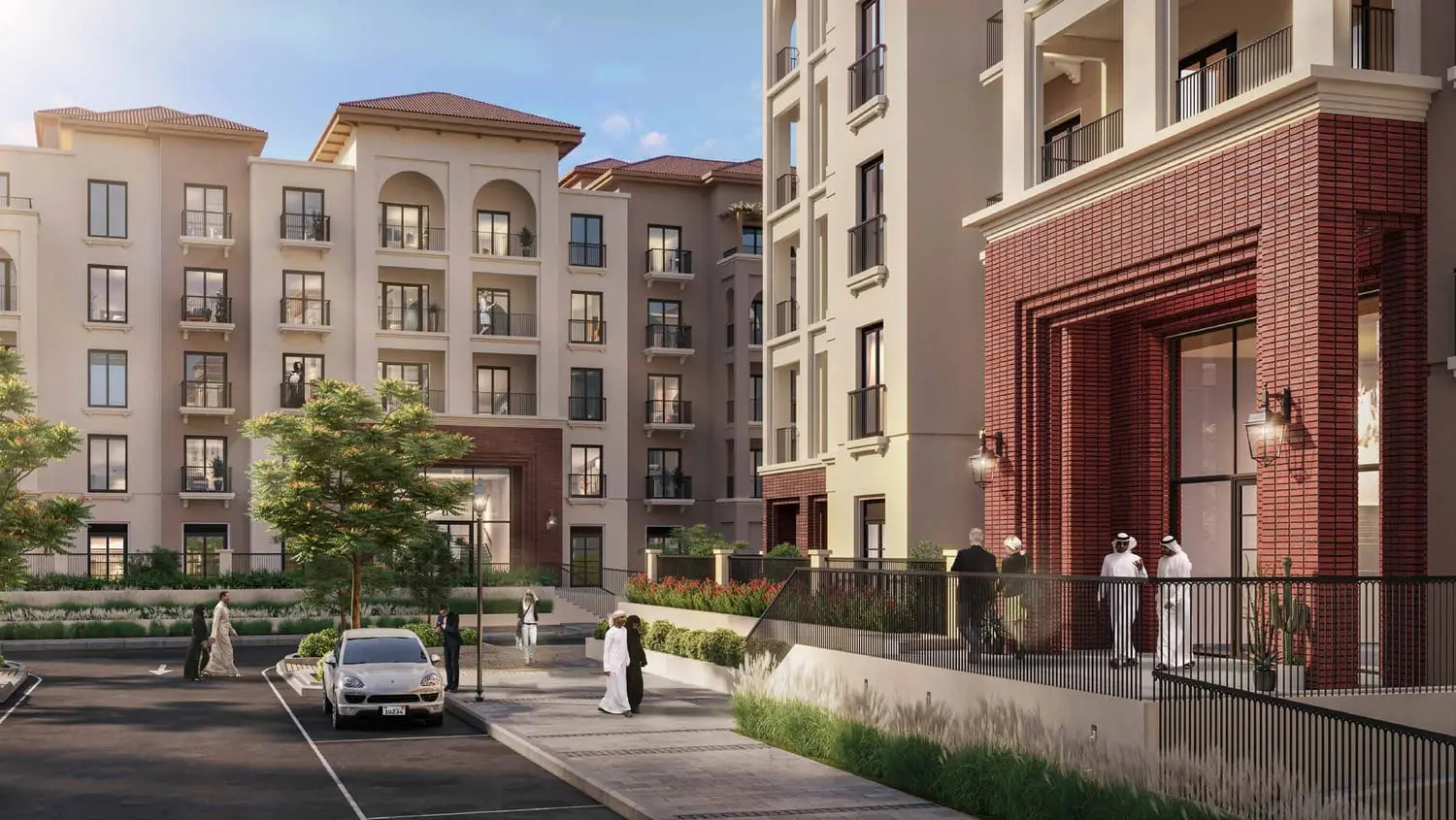 Close-up exterior detail of Granada balconies overlooking the landscaped Bloom Living community, Zayed City.