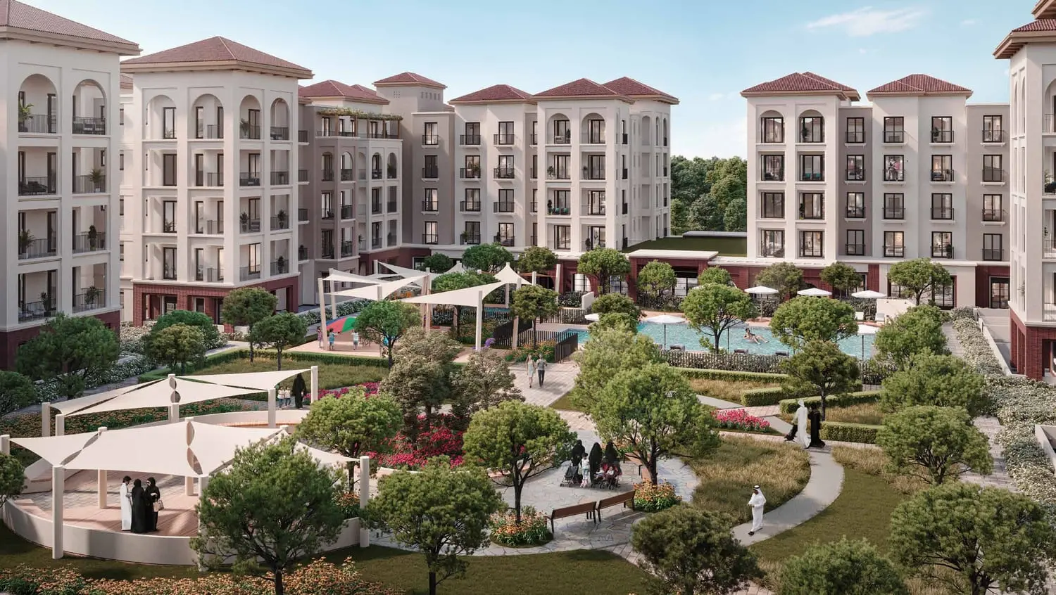 Aerial exterior view of Granada low-rise buildings set within the Bloom Living master community, Zayed City.