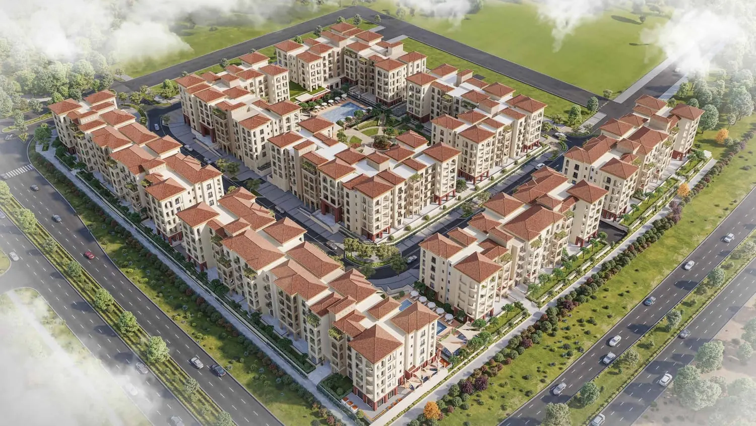 Granada low-rise apartment façade with Mediterranean design in Bloom Living, Zayed City, Abu Dhabi community.