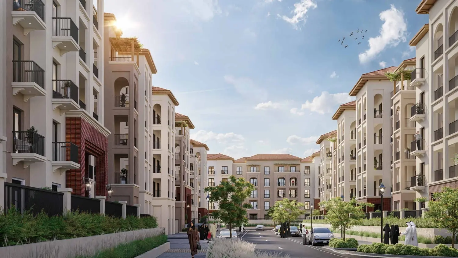 Granada community pathway exterior with greenery, part of Bloom Living master development, Zayed City.