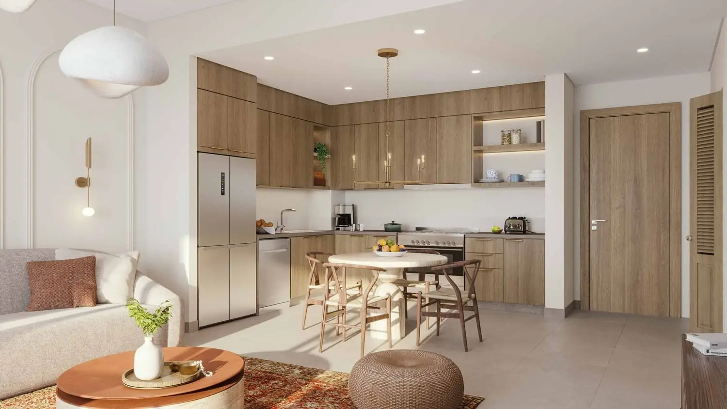 Open dining and living area interior showcasing high ceilings at Granada apartments, Bloom Living, Zayed City, Abu Dhabi.