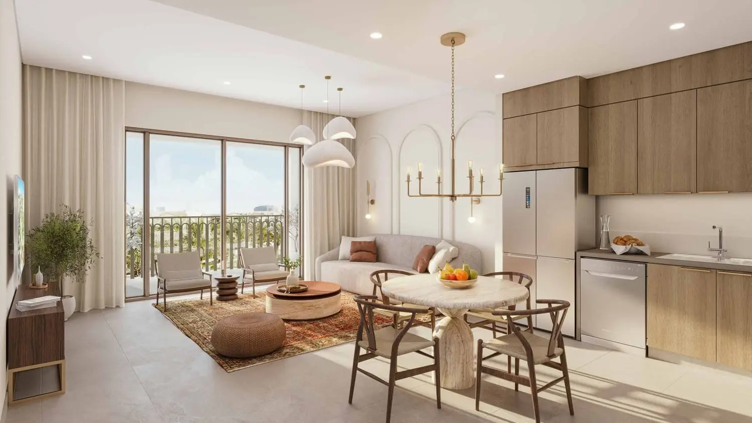 Equipped kitchen interior with contemporary cabinetry inside a Granada apartment, Bloom Living community, Zayed City, Abu Dhabi.