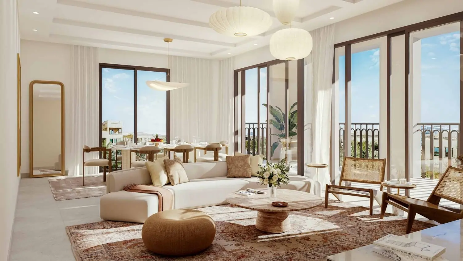 Modern open-plan living room interior at Granada apartments in Bloom Living, Zayed City, showcasing elegant Mediterranean-inspired design.