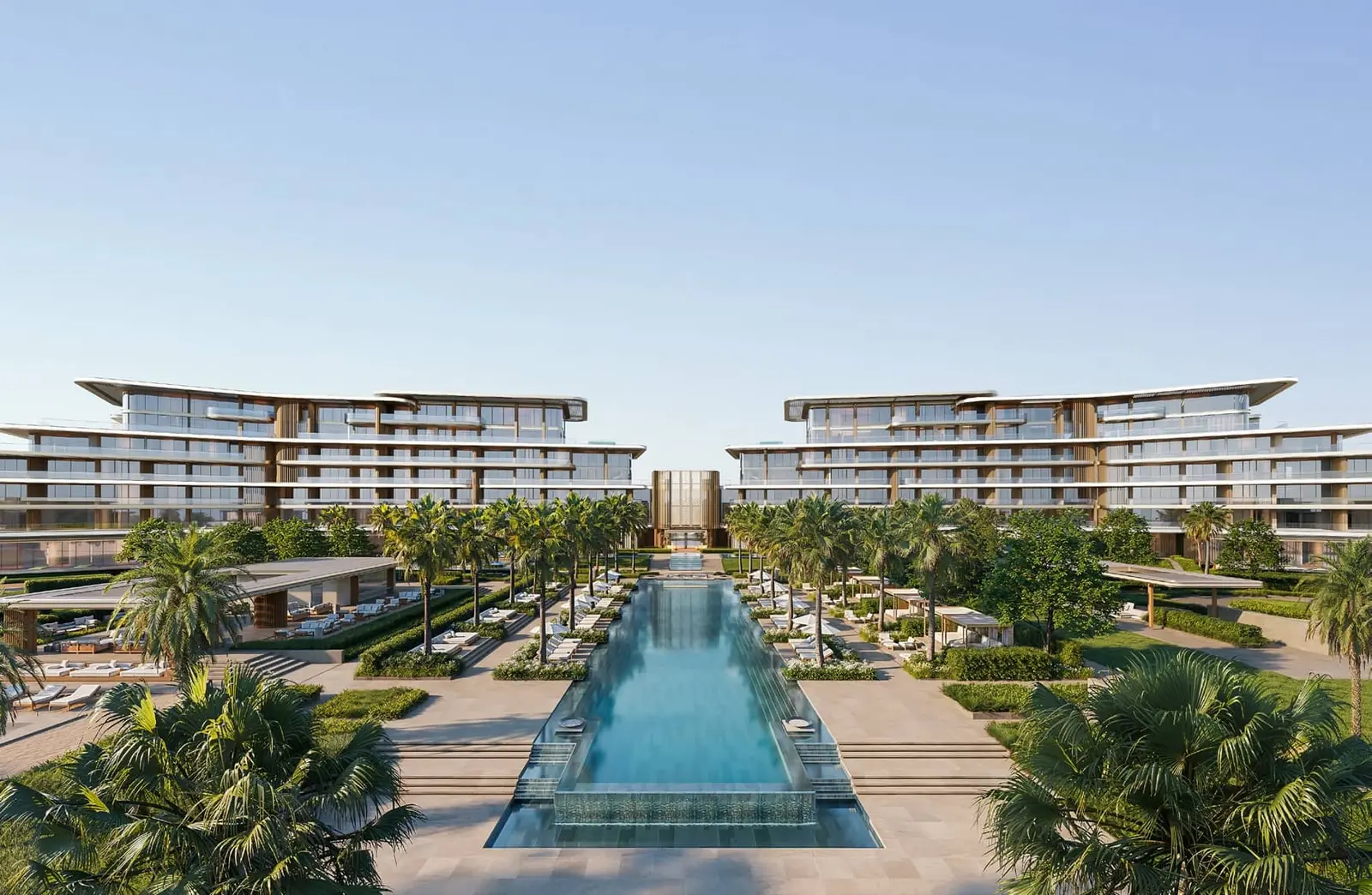 Exterior view of Four Seasons Private Residences Saadiyat Island showcasing beachfront architecture and luxury coastal design.