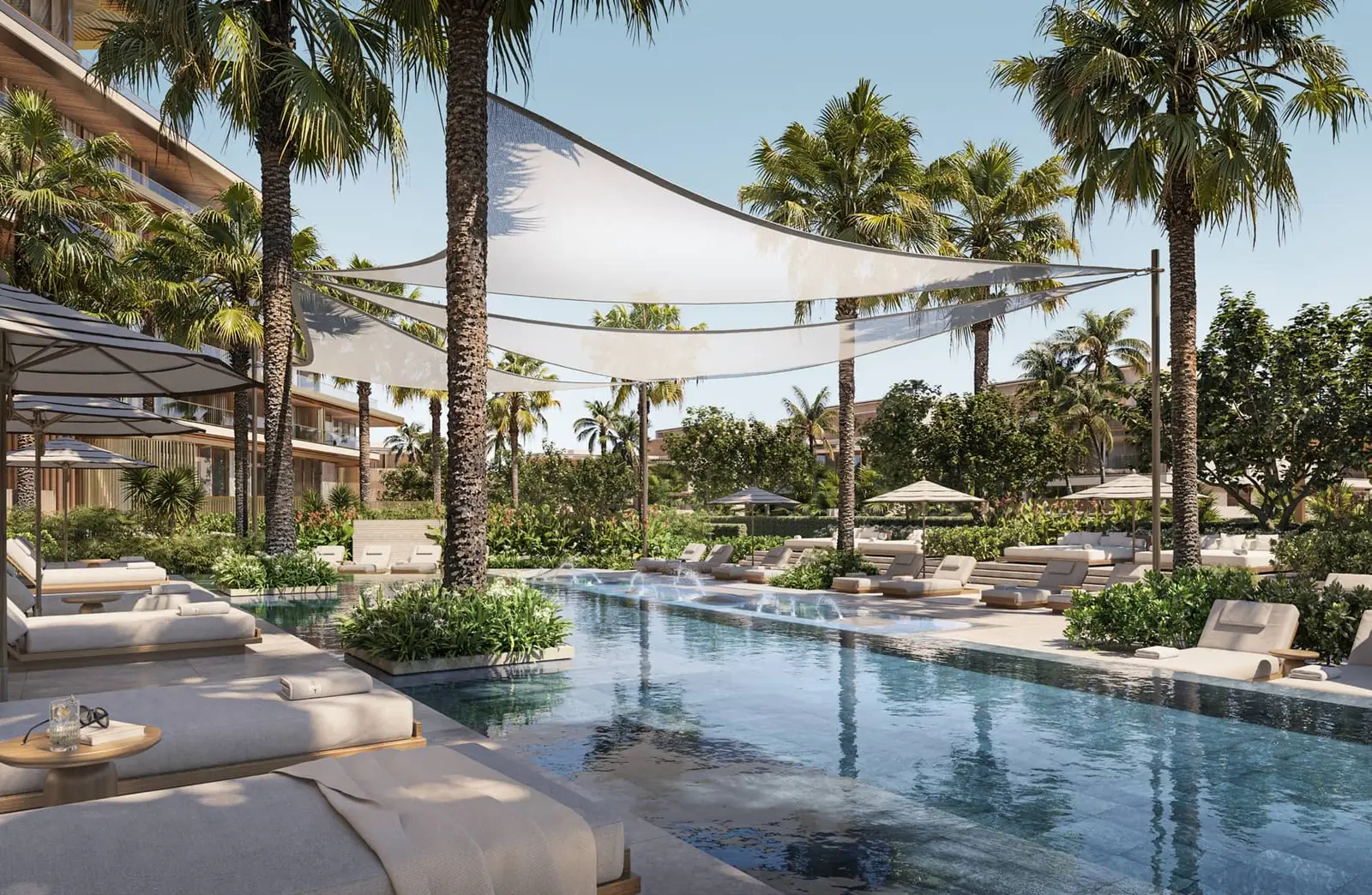 Luxury exterior elevation of Four Seasons Saadiyat Island featuring contemporary design and private landscaped surroundings.