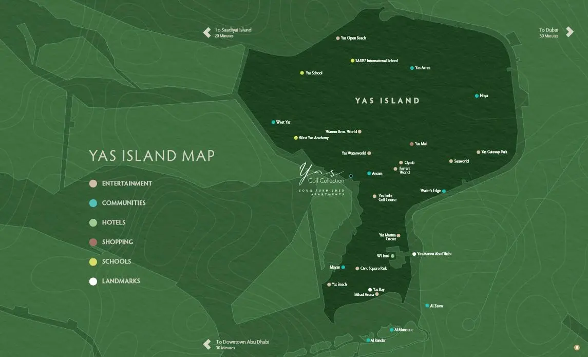 Master plan of Yas Golf Collection, Yas Island – showing five residential clusters, landscaped gardens, amenity zones, retail souq, and connectivity to golf course and surrounding leisure facilities.