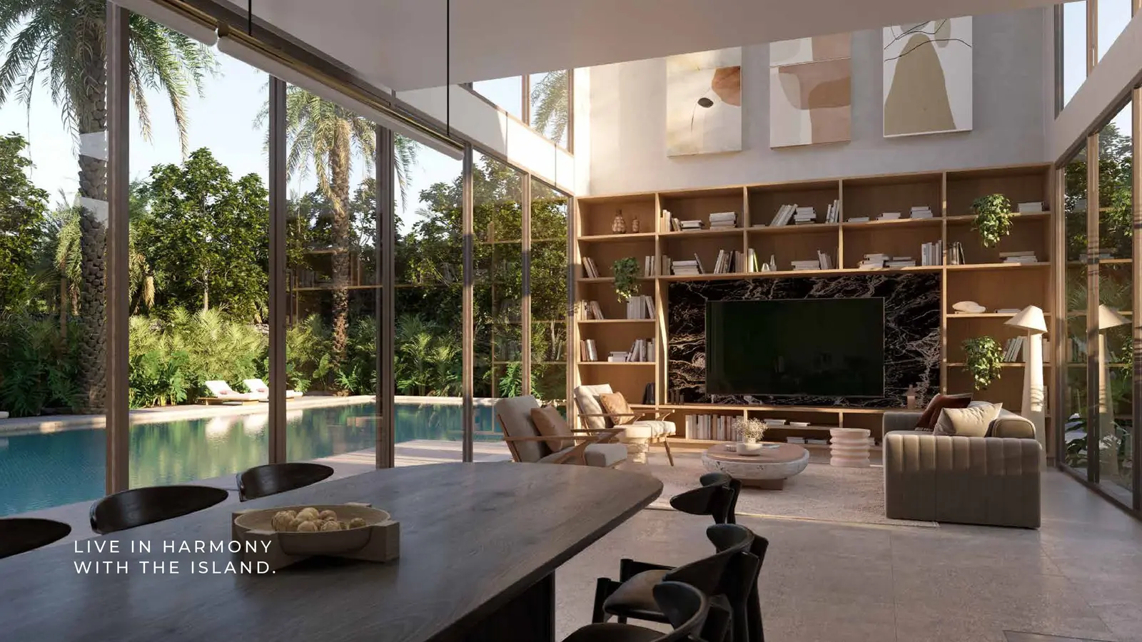 Master bedroom with warm-tone finishes in Saadiyat Lagoons, Saadiyat Island