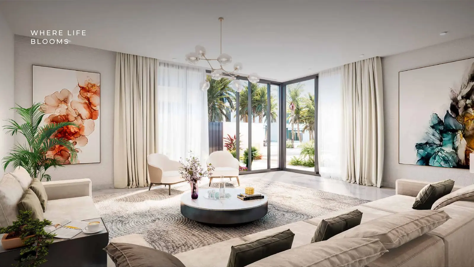 Luxurious premium-finished living room inside a Saadiyat Lagoons villa, Abu Dhabi