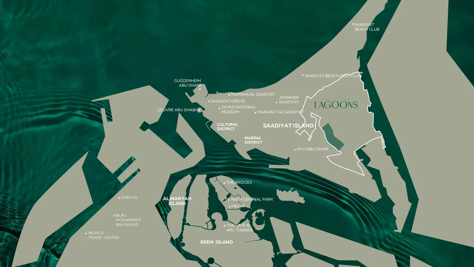 Master plan aerial illustration of Saadiyat Lagoons showing layout and greenery