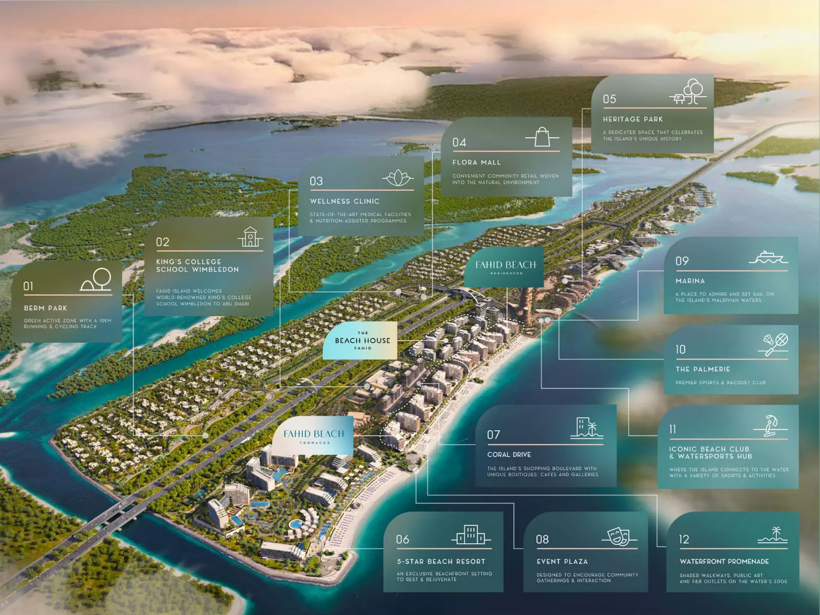 Master plan of Fahid Beach Terraces on plot C5 Abu Dhabi, showing six G+10 residential buildings, Fahid Island