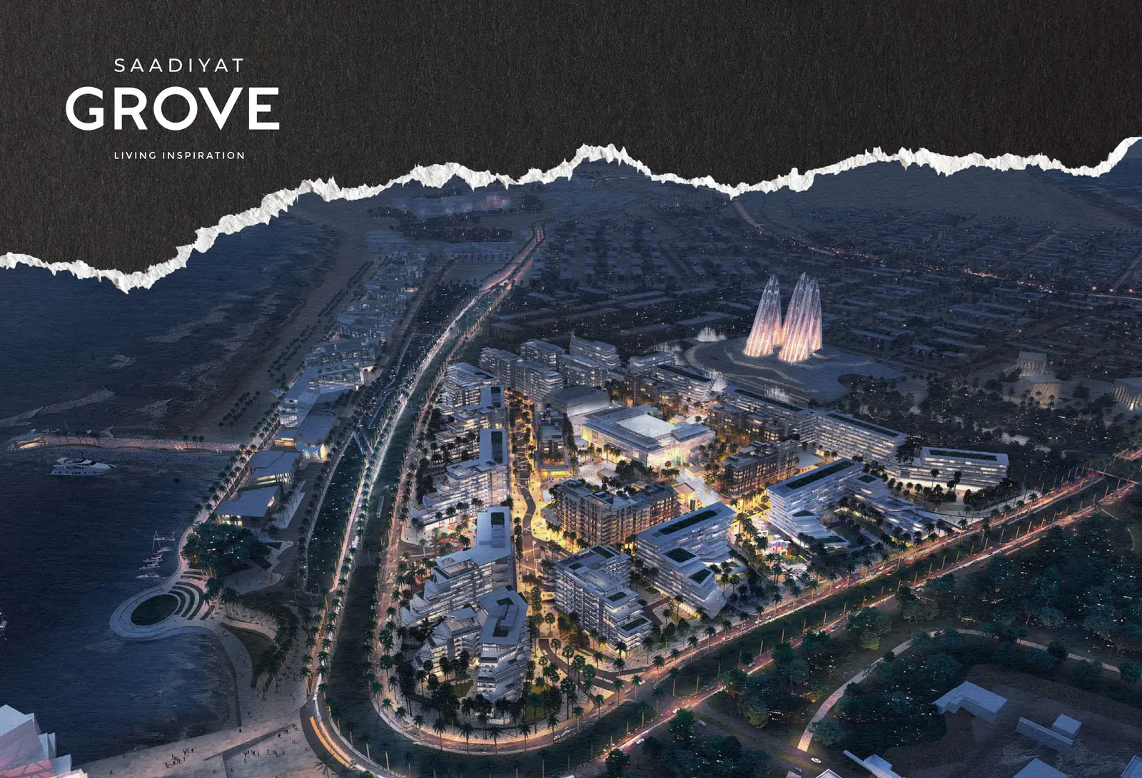 Saadiyat Grove master plan showing integrated residential, retail, and cultural zones with landscaped corridors