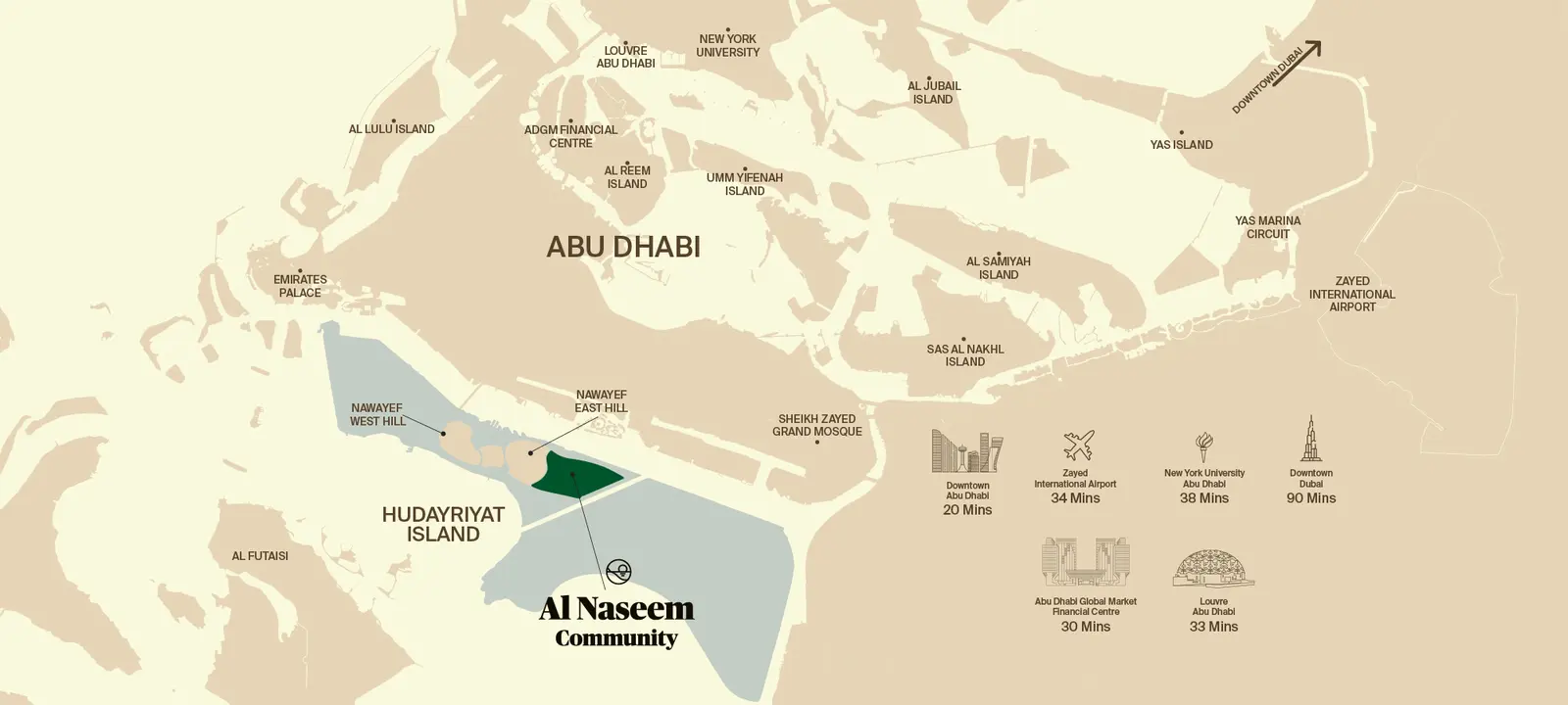 Master Plan of Al Naseem Villas on Hudayriyat Island – New Luxury Waterfront Villa Place with Lush Landscapes, Road Network, and Key Amenities