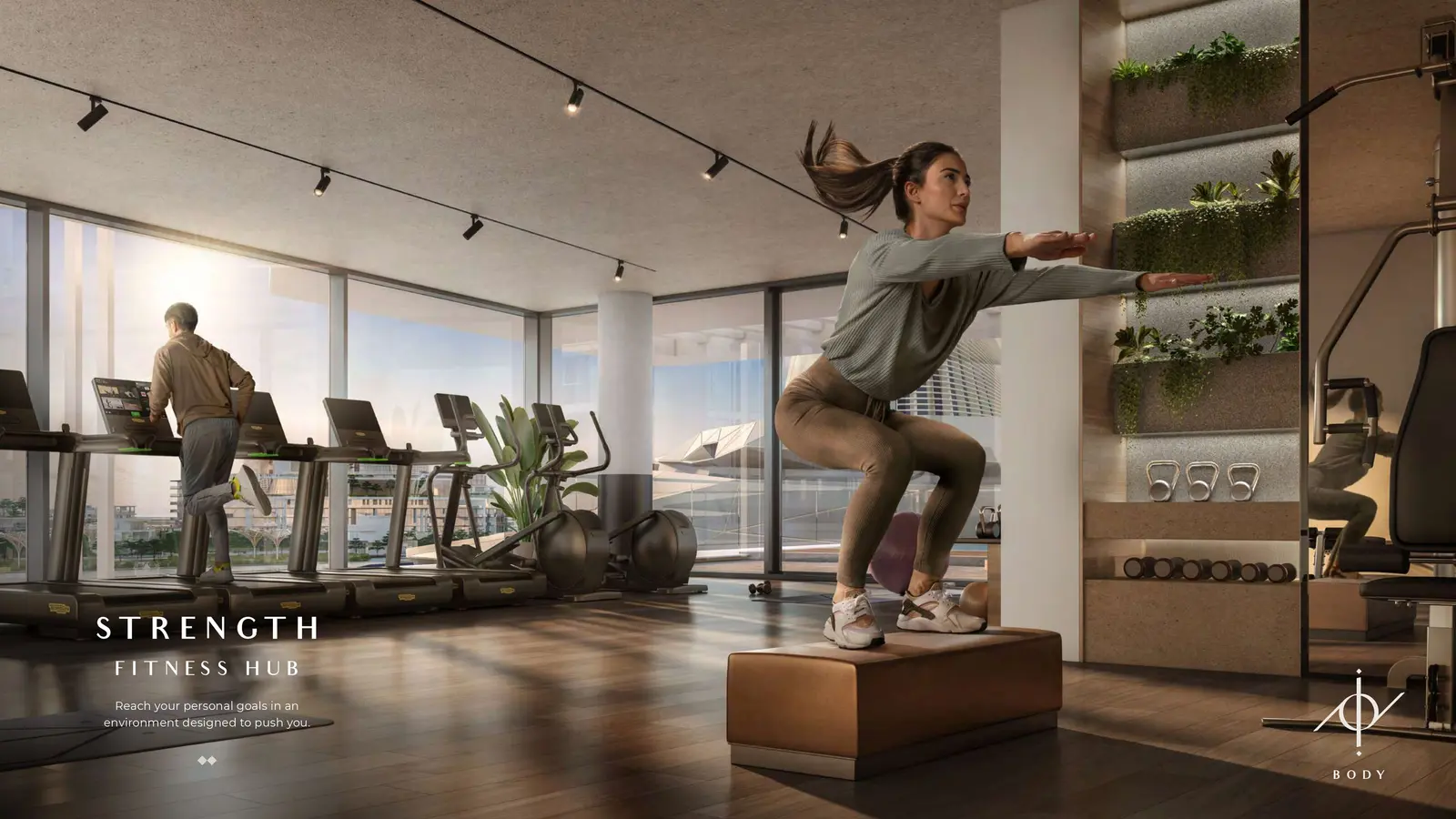 Open-plan dining and living area at The Source Saadiyat Grove apartments with refined interiors