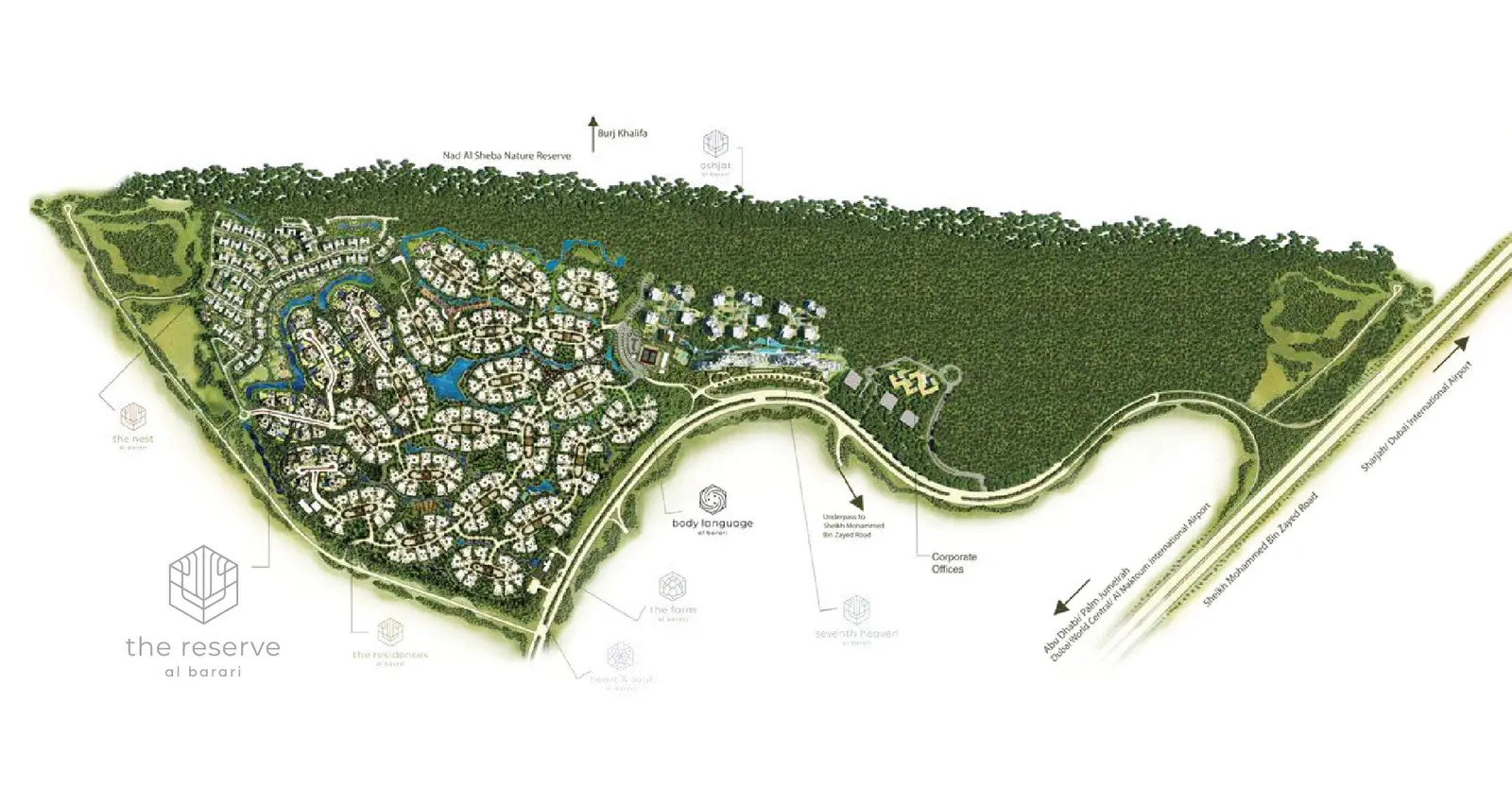 Master plan of The Reserve at Al Barari Dubai showcasing bespoke villa plots, greenery, lakes, and low density luxury community.