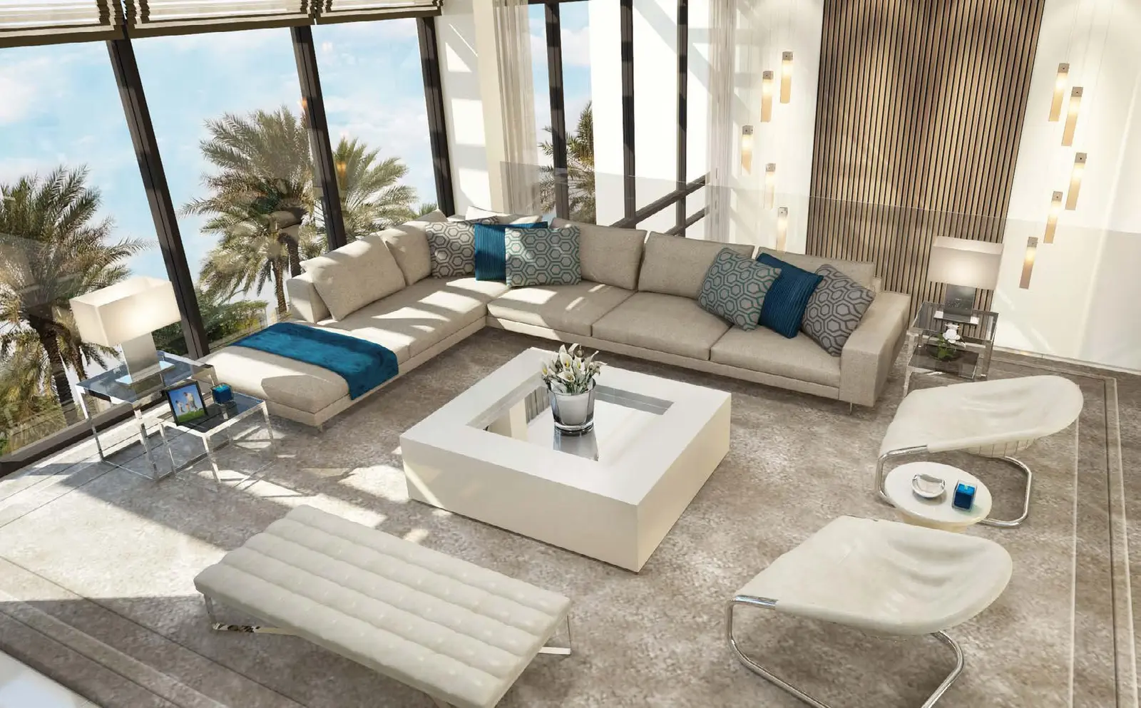 Bright interiors with floor-to-ceiling windows at Jawaher Saadiyat villas Saadiyat Island Abu Dhabi