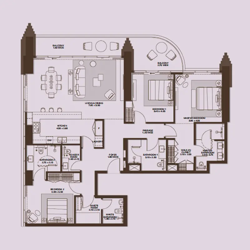 3 bedroom Apartments floor plan