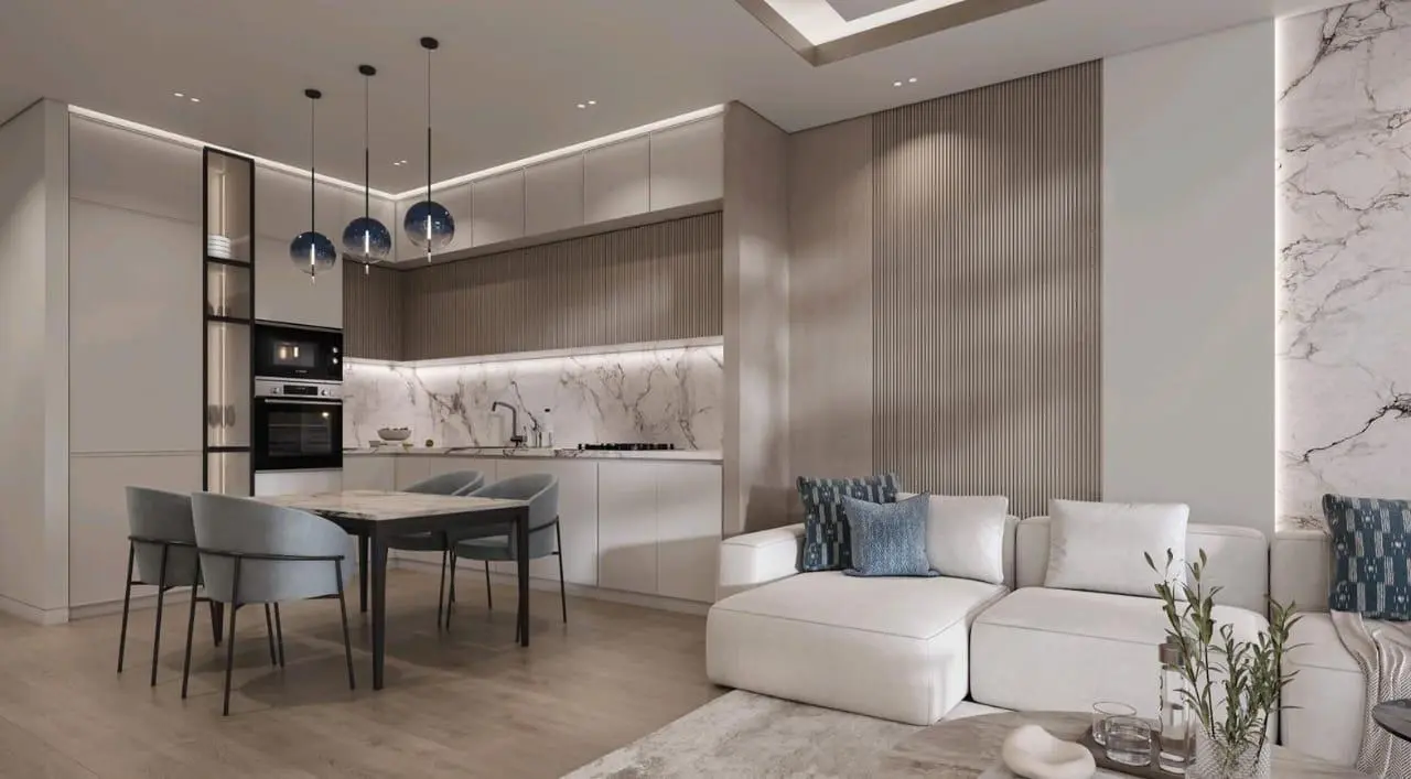Elegant dining space interiors designed for comfort and style at Bab Al Qasr Canal View Residence Abu Dhabi.jpg