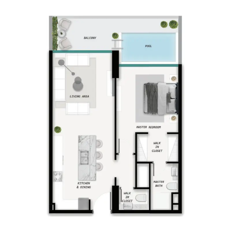 1 bedroom + pool floor plan