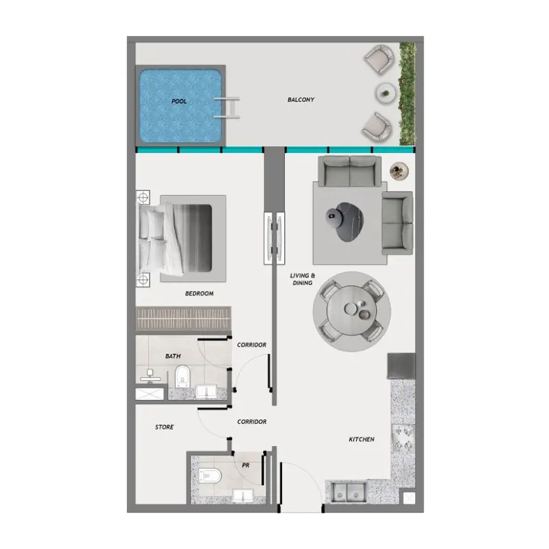 1,5 bedroom + pool