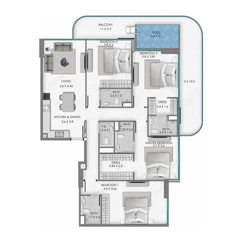 4 bedroom + pool Penthouse -  Samana Ocean Bay