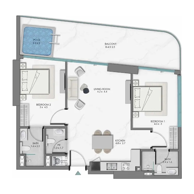 2 bedroom + pool Apartments floor plan