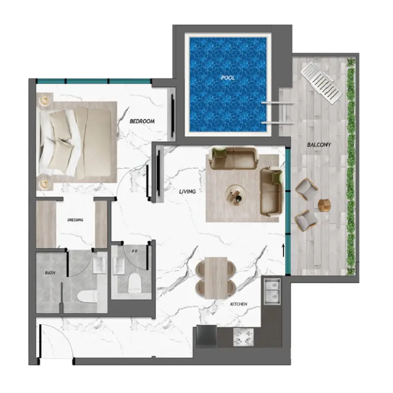 1 bedroom + pool